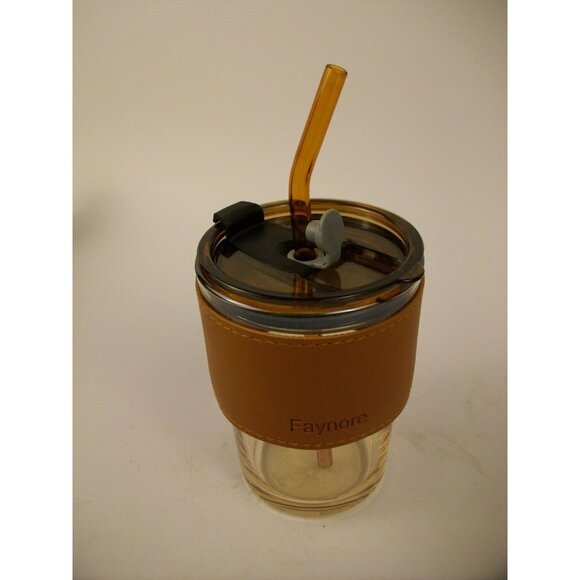 15oz Glass Cups with Lids and Straws,Glass Iced Coffee Cup with Leather sleeve - Picture 2 of 4